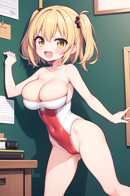 Cute naughty martial artist, Pastel colors hair, (large breasts:1.2, bursting breasts, Thighs:1.2, thick legs:1.2, curvy:1.2), yellow orange hair, (undercut:1.5, short two side up:1.2, medium hair:1.5), (naked:1.4), standard height, (blush:1.2, fang:1.2, ;d), at the adventurer's guild, A bulletin board with posted paper, fighting stance