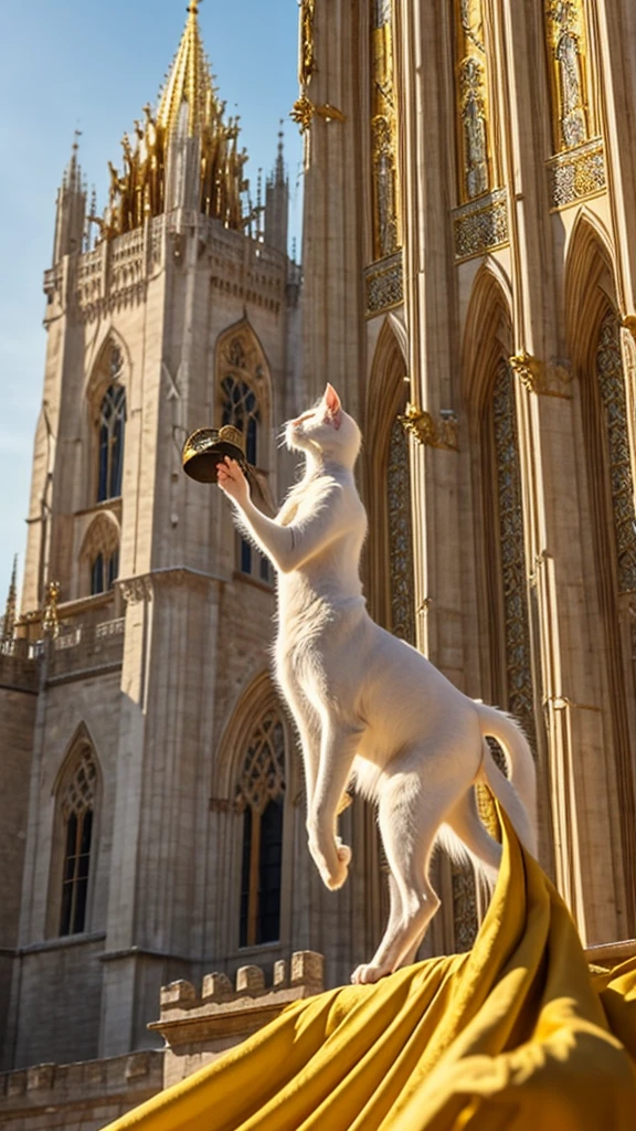 "A magnificent white cat stands on two legs, draped in an exquisite golden robe. She is releasing a pigeon, which soars in front of a grand medieval castle with towering spires. The intricate architecture of the castle is bathed in soft, golden light, creating a divine and ethereal atmosphere."