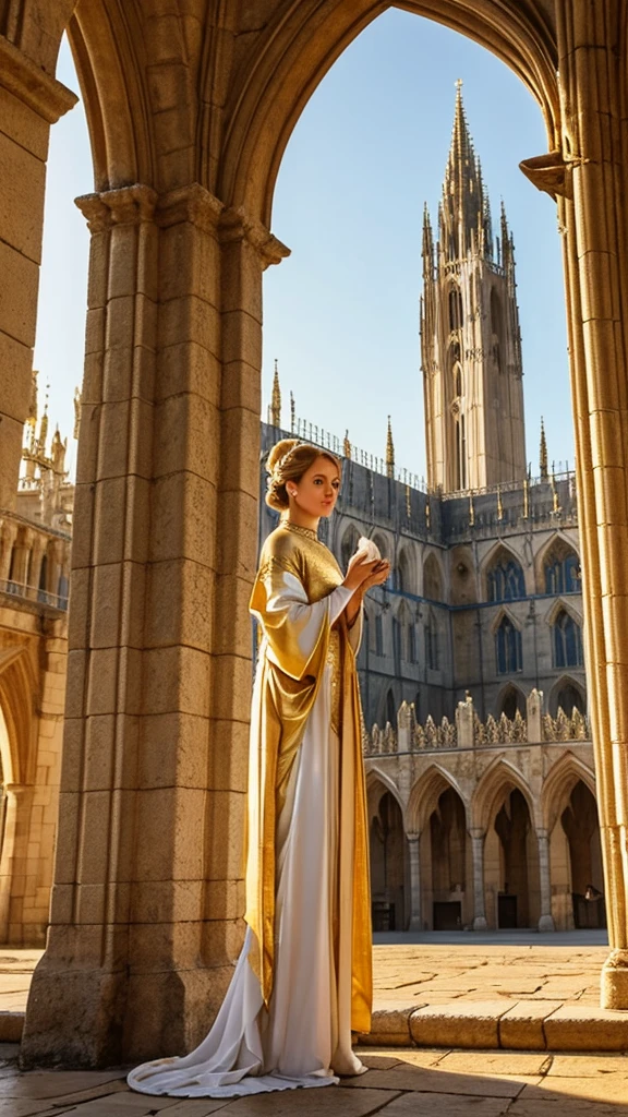 "A magnificent white cat stands on two legs, draped in an exquisite golden robe. She is releasing a pigeon, which soars in front of a grand medieval castle with towering spires. The intricate architecture of the castle is bathed in soft, golden light, creating a divine and ethereal atmosphere."