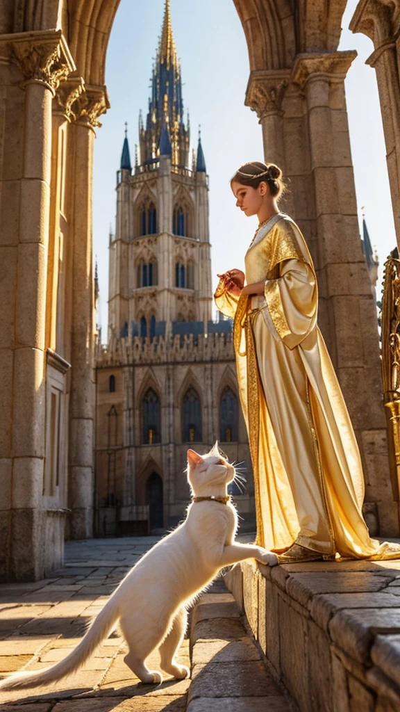 "A magnificent white cat stands on two legs, draped in an exquisite golden robe. She is releasing a pigeon, which soars in front of a grand medieval castle with towering spires. The intricate architecture of the castle is bathed in soft, golden light, creating a divine and ethereal atmosphere."