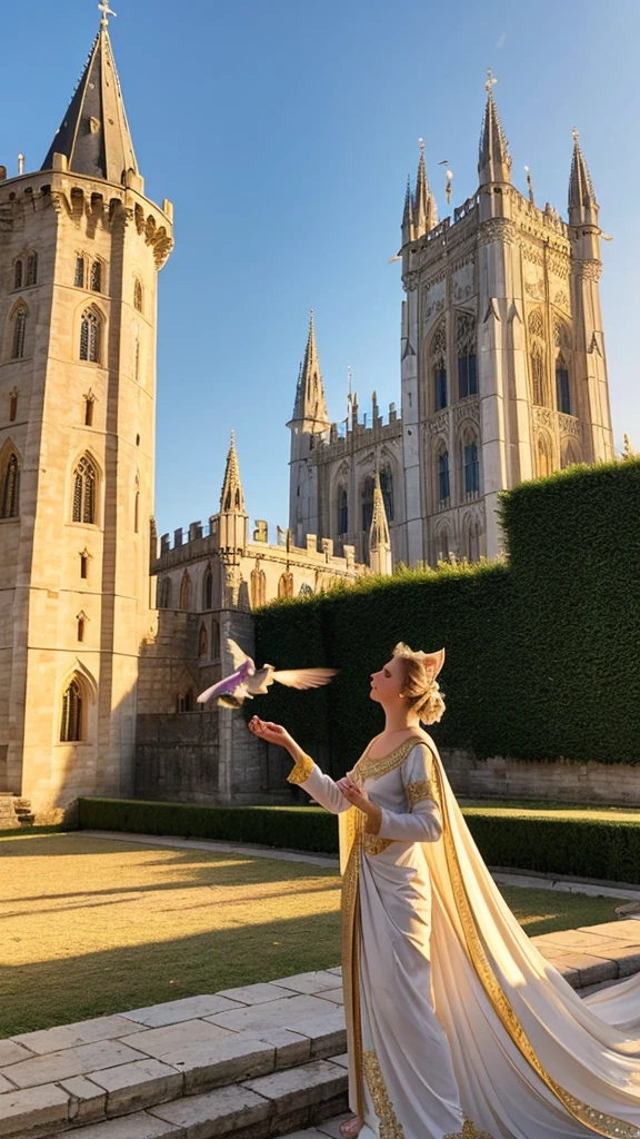 "A magnificent white cat stands on two legs, draped in an exquisite golden robe. She is releasing a pigeon, which soars in front of a grand medieval castle with towering spires. The intricate architecture of the castle is bathed in soft, golden light, creating a divine and ethereal atmosphere."