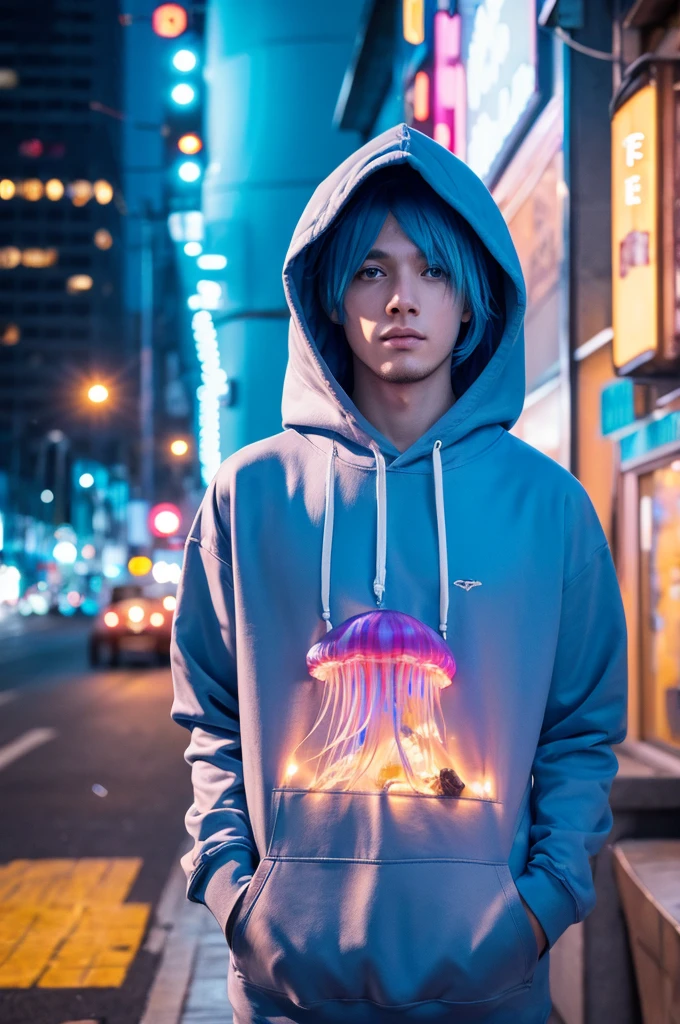man,jellyfish,city,Ocean,hoodie,Ultra HD,Trivial,Blue Hair,Blue Eyes