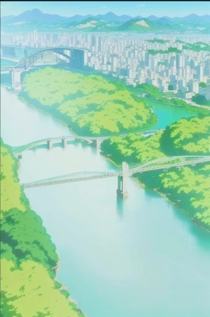 anime scene of a river with a bridge and a city in the background, anime countryside landscape, anime landscape, river in the background, anime scenery, screenshot from guro anime, rio de janeiro in an anime film, from akira ( 1 9 8 8 ) style, anime screencaps, town in the background, detailed lake in background, close up iwakura lain