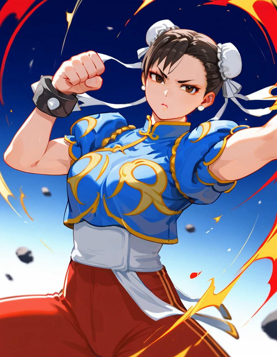 a cartoon image of a woman in a blue and red outfit, portrait of chun - li, chun-li, chun - li, chun li, portrait of chun li, chun li at the gym, fighting game character, fighter pose, fighting pose, fighting stance, fujita goro!, fight pose, marin kitagawa fanart, in a fighting pose, most strongest pose, anime, anatomically correct, super detail, high quality, 4K