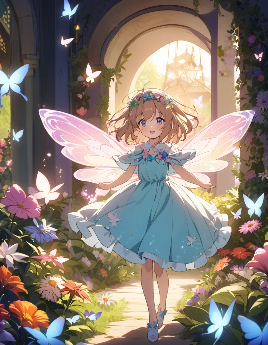 A young girl exploring a magical garden filled with vibrant flowers, fluttering butterflies, and shimmering fairy lights. She wears a whimsical dress and has a look of wonder on her face as she discovers enchanted creatures and hidden pathways. The atmosphere is serene and dreamlike, capturing the essence of childhood imagination and adventure."