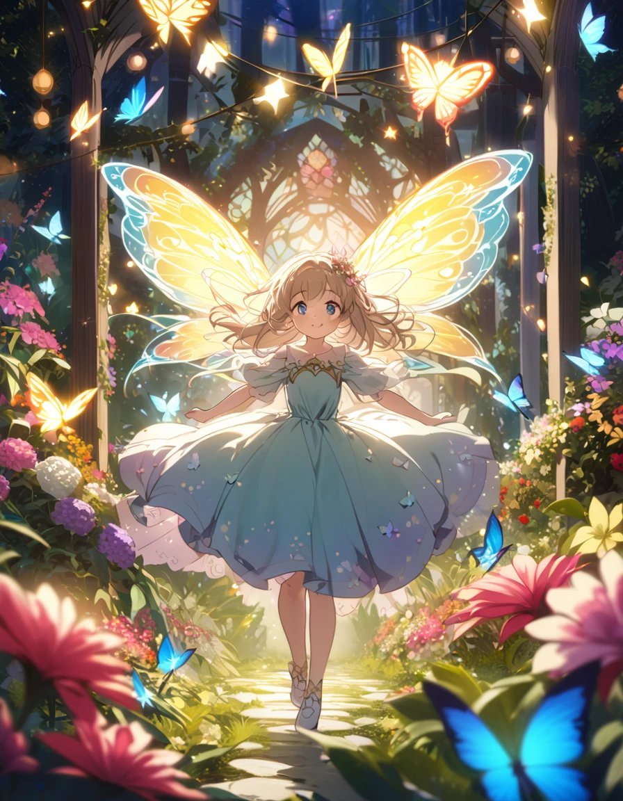 A young girl exploring a magical garden filled with vibrant flowers, fluttering butterflies, and shimmering fairy lights. She wears a whimsical dress and has a look of wonder on her face as she discovers enchanted creatures and hidden pathways. The atmosphere is serene and dreamlike, capturing the essence of childhood imagination and adventure."