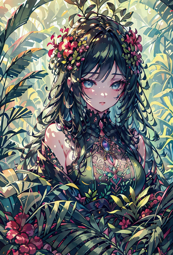 a lush tropical jungle, beautiful detailed eyes, beautiful detailed lips, extremely detailed eyes and face, long eyelashes, 1girl, 3D render, photorealistic, masterpiece, highly detailed, intricate details, vivid colors, dramatic lighting, cinematic composition, volumetric fog, god rays, detailed foliage, dense vegetation, ancient ruins, mysterious atmosphere