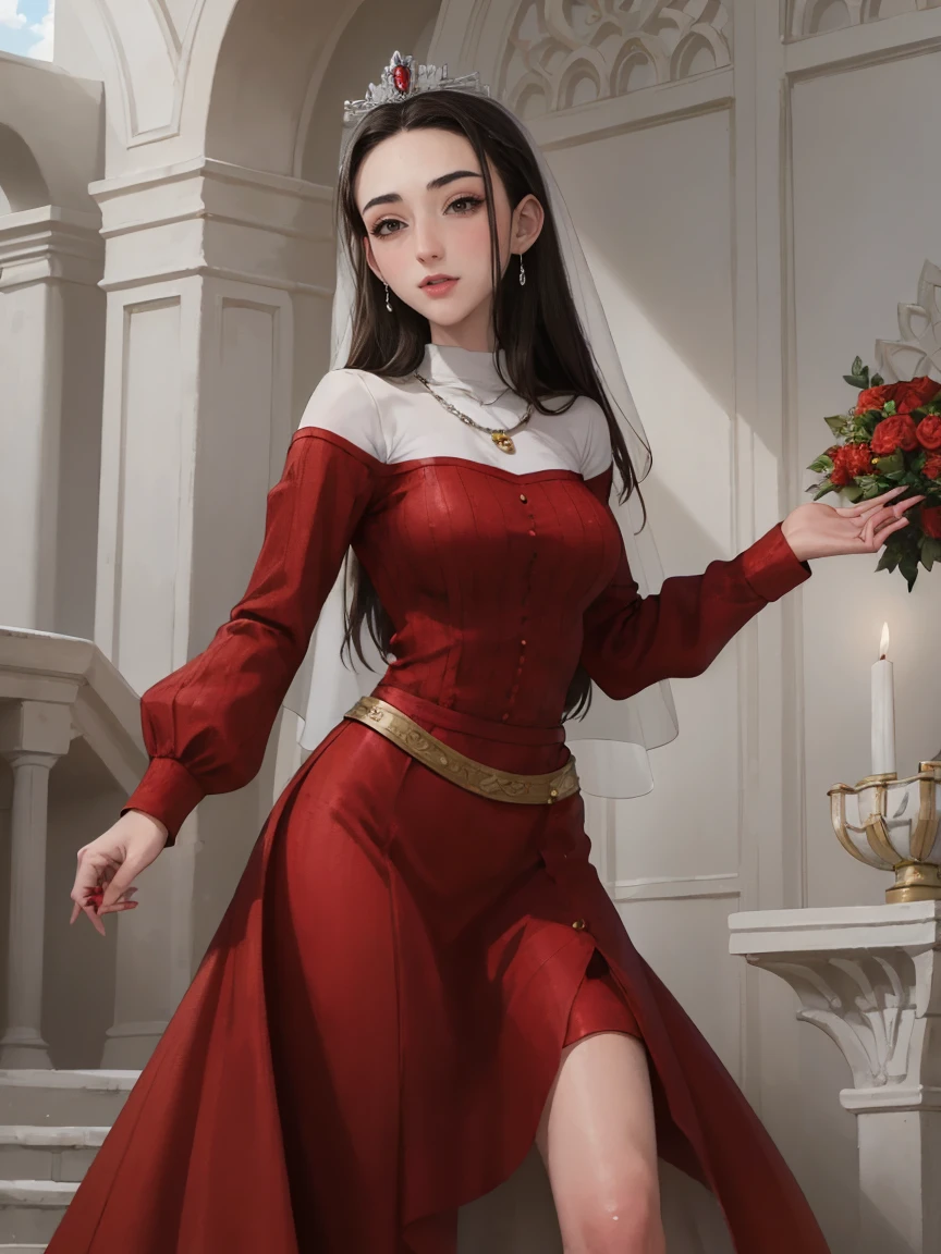 Gorgeous and sultry busty athletic (thin) brunette queen with sharp facial features wearing a dark red medieval dress, long sleeves, wide neck, crown, veil, long dress, modest dress, tight bodice, silver waist chain, medieval jewelry, Middle Ages, castle, rampart, wall, stained glass. massiveboobs