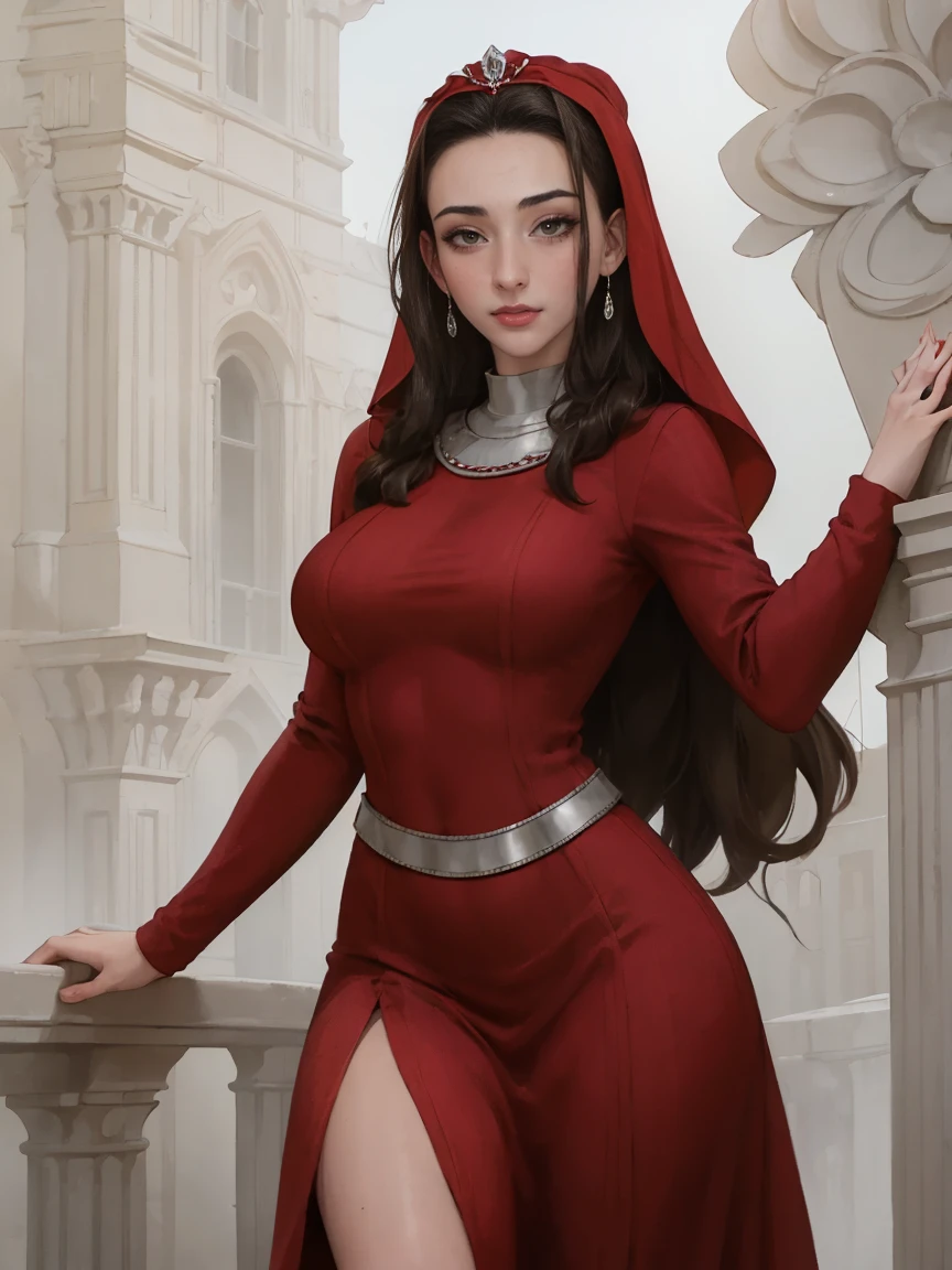 Gorgeous and sultry busty athletic (thin) brunette queen with sharp facial features wearing a dark red medieval dress, long sleeves, wide neck, crown, veil, long dress, modest dress, tight bodice, silver waist chain, medieval jewelry, Middle Ages, castle, rampart, wall, stained glass. massiveboobs