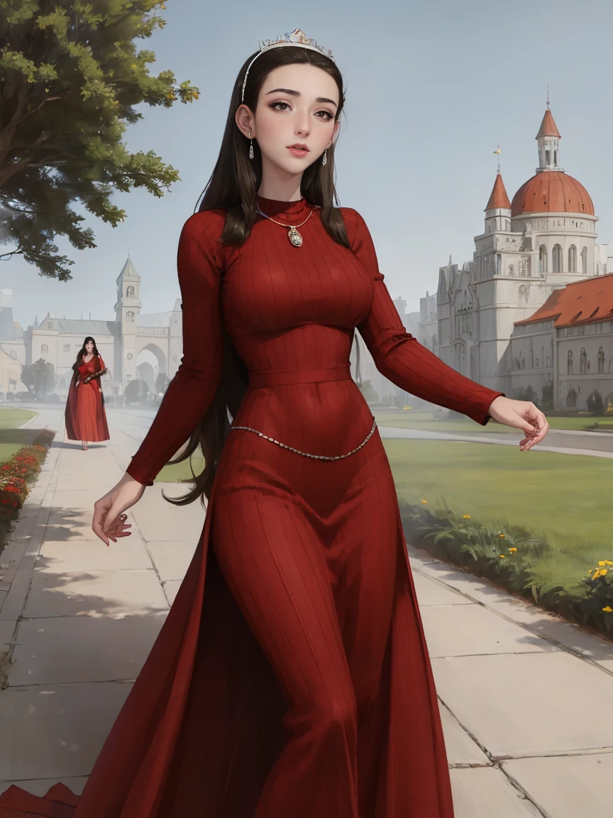 Gorgeous and sultry busty athletic (thin) brunette queen with sharp facial features wearing a dark red medieval dress, long sleeves, wide neck, crown, veil, long dress, modest dress, tight bodice, silver waist chain, medieval jewelry, Middle Ages, castle, rampart, wall, stained glass. massiveboobs