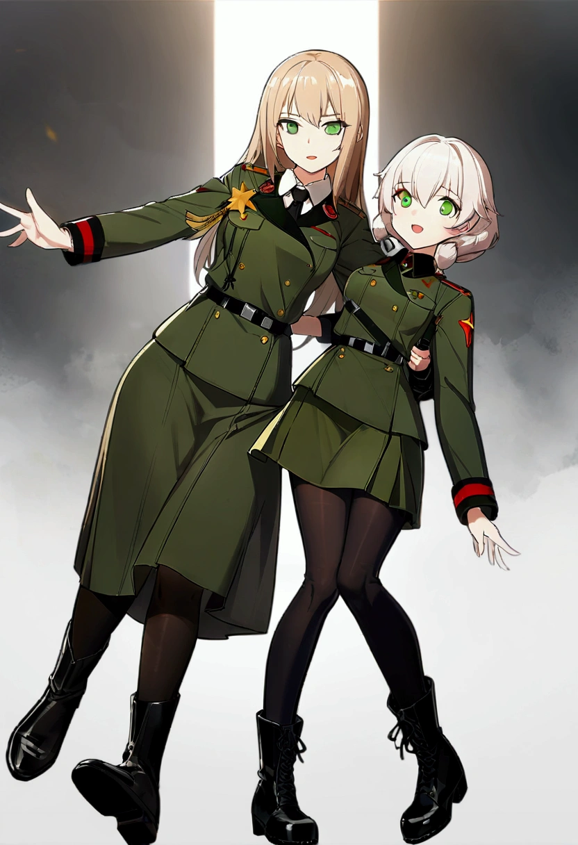 Wearing、Green Eyes、Anime girl wearing a black tie, from Girls Frontline, Girls Frontline style, Gangster anime girl, Girls Frontline cg, Girls Frontline, White hair, Fine details. Girls Frontline, 灵感源自Soviet servicemen, Green military uniform, Dressed in a green military uniform, Soviet servicemen,