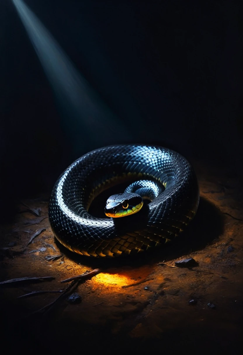 painting of a black dangerous poisonous snake crawls, sharp deep shadows, black background. Inspiration, cinematic scene, volumetric lights, ultra realistic, in the style of nicola samori