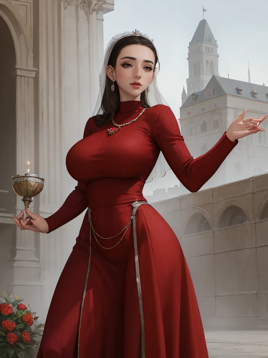 Gorgeous and sultry busty athletic (thin) brunette queen with sharp facial features wearing a dark red medieval dress, long sleeves, wide neck, crown, veil, long dress, modest dress, tight bodice, silver waist chain, medieval jewelry, Middle Ages, castle, rampart, wall, stained glass. massiveboobs