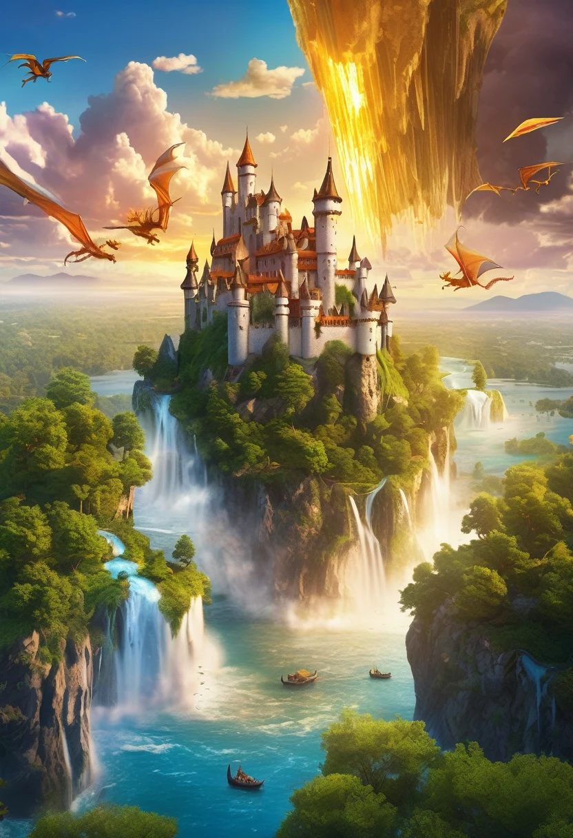 Create a picture of a medieval castle floating on an island in the sky, with waterfalls of crystal clear water falling from the sides and dragons flying around. The sky is full of golden clouds at sunset, and a magical city is visible in the background on the earth.
