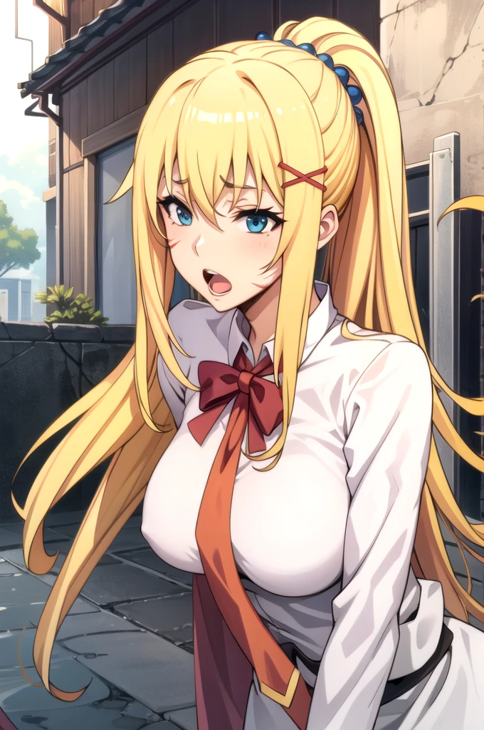 expensive body, expensive, Long legs, mature female, mature, Adult, It is_KonoSuba_darkness, darkness (KonoSuba), One girl, Blonde, blue eyes, Long Hair, hair ornaments, x hair ornaments, ponytail, Open your mouth, Completely naked、 alone, Aqua (KonoSuba), Anime Coloring, chest, Day, Parody, Outdoor, Upper Body、Covered in scars