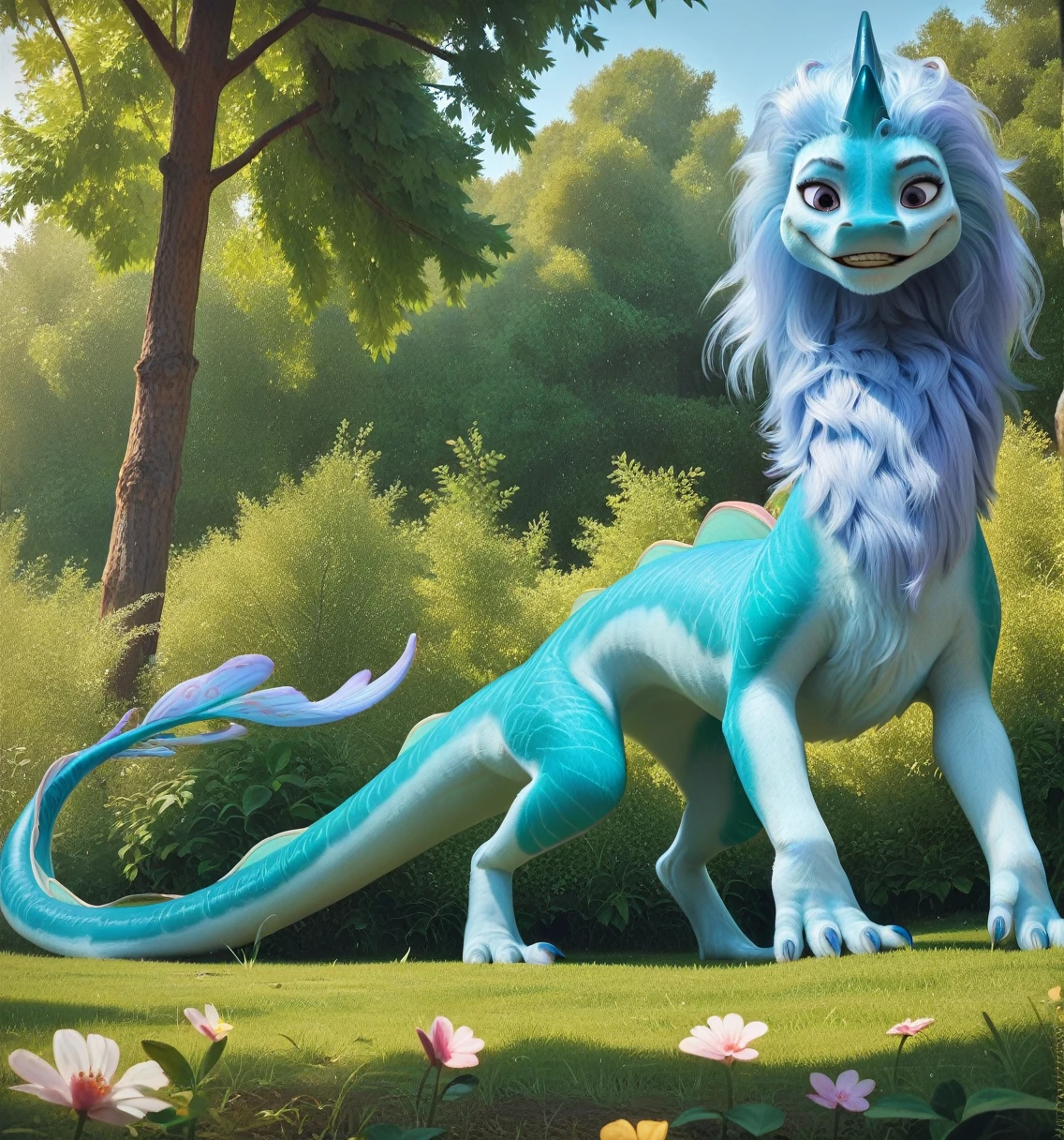 check_9, check_8_up, check_7_up, check_6_up, check_5_up, check_4_up, source_fluffy, rating_safe, female feral eastern dragon sisu rald with detailed blue fur, lying on your back, grass, throw, (low angle view:1.3), (worm's-eye view:1.3), (Looking down), Cute, detailed purple eyes, closed eyes, photoRealism, outside, detailed, difficult, real life, photo, Realism, realistic, (pointed teeth:0.46), thick thighs, (clouds:0.6), Solar, blue sky, trees