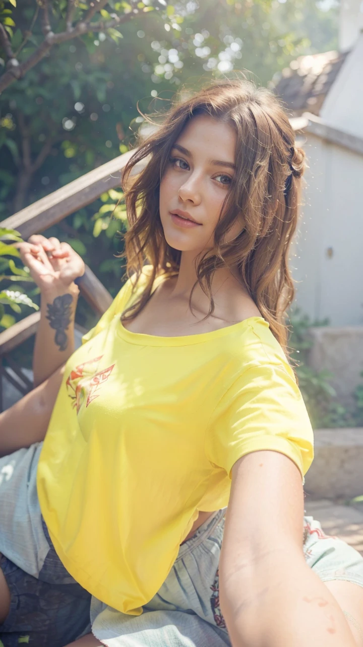 a beautiful young woman wearing a red t-shirt,1girl,detailed face and eyes,long wavy hair,sitting outdoors in a lush green garden,butterfly flying near her,sunlight filtering through the trees,vibrant colors,very intricate details,photorealistic,masterpiece,octane render