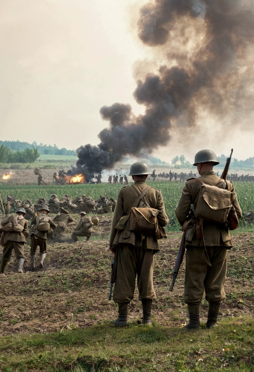Soldiers standing in a field，Smoke in the background, World War I照片, World War I照片, 用World War II相机拍摄, war photos, World War II, Battlefield scene, Battlefield Background, 对抗 World War I, World War II摄影, World War II摄影, Soldiers come under heavy fire, war photosgraph, On the war zone, war photosgraphy, World War I