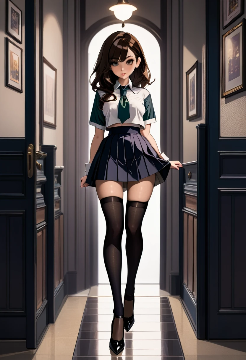 dark academia style, shirt tucked into short high-waisted skirt, stockings, Maryjane high heels, beautiful brunette