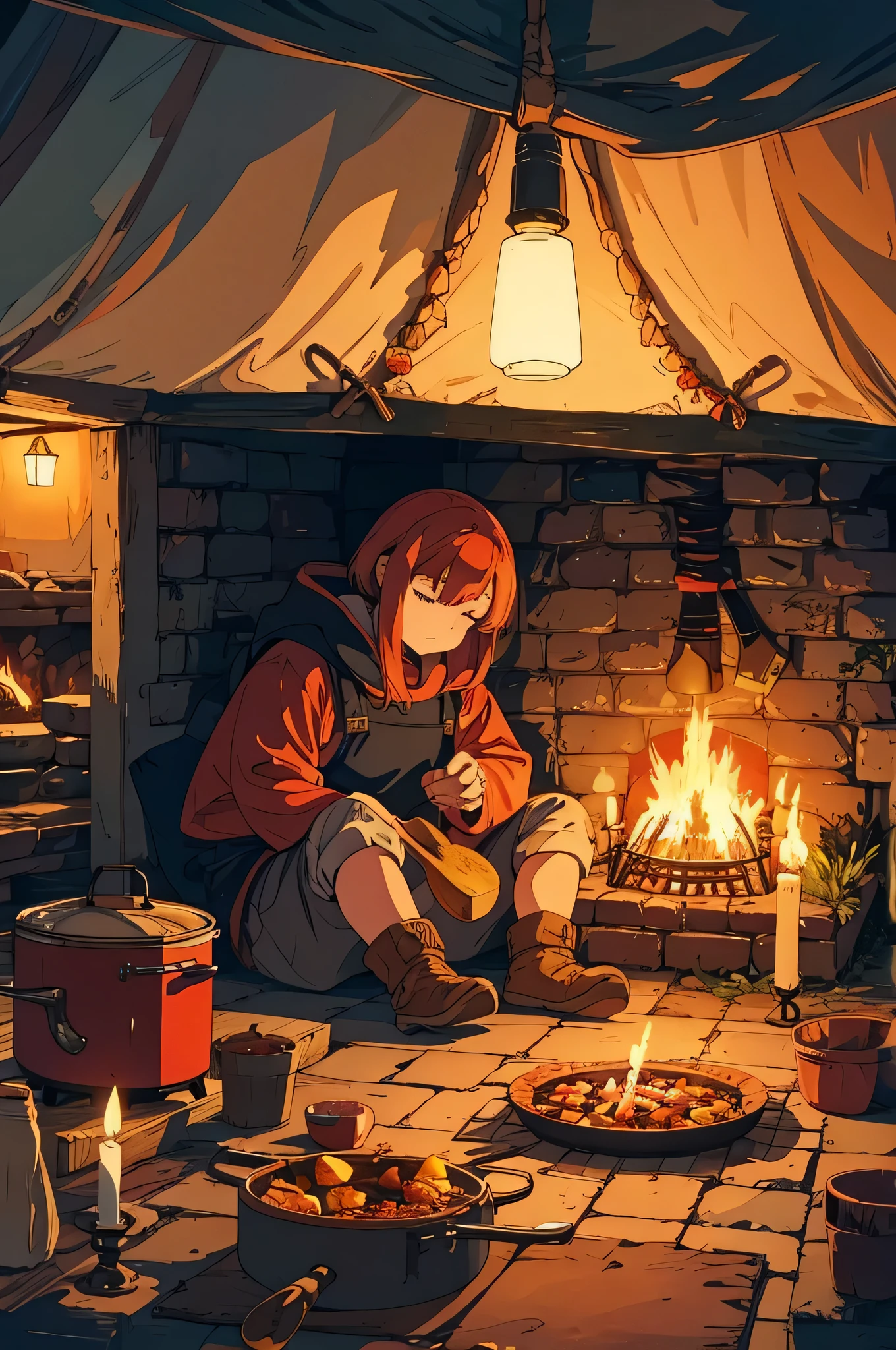 Environment with cooking in a cave RPG with pans on the floor with food and sleeping bags with torches, candles and bonfires Red-headed dwarf cooking with the sound of a stove, just bonfires and food