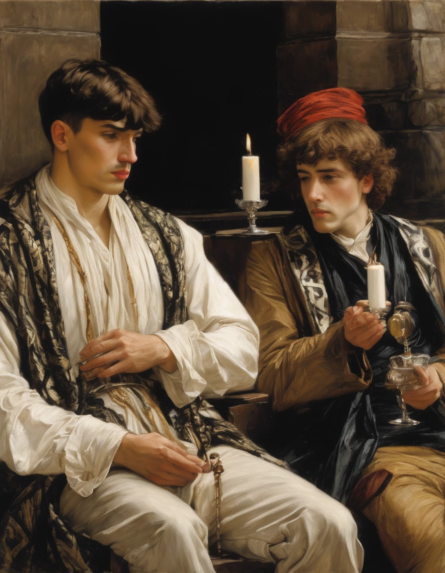 ((Masterpiece, best quality, oil painting, male focus)), ((by James Tissot, John William Waterhouse, J. C. Leyendecker)), (((the half body reclined portrait of 2 young male wizards, they are lovers staring each other, mixing potions, tense, bored and frustrated, blushing, sullen)))