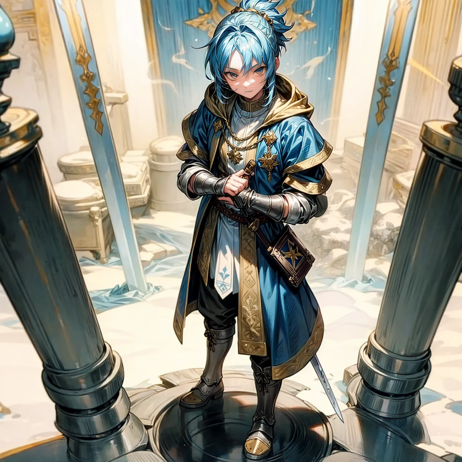 Boy, Full background in snow castle, gold color eyes, short hairstyle, blue colour hair, motion blur, lighting, sword in hand, boots, ancient roman clothing, smoke effect, armors 