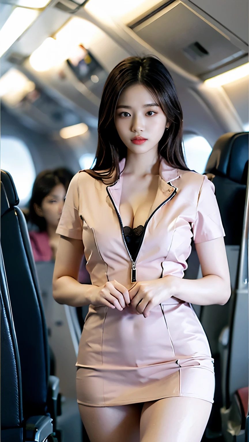 Slender Asian girl, kpop idol, ((stewardess)), ((top quality, 8k, masterpiece: 1.3)), crisp focus: 1.2, beautiful woman with perfect figure: 1.4, highly detailed face and skin texture, detailed eyes, ((skinny)), beautiful face, symmetrical face, full-length, sexy