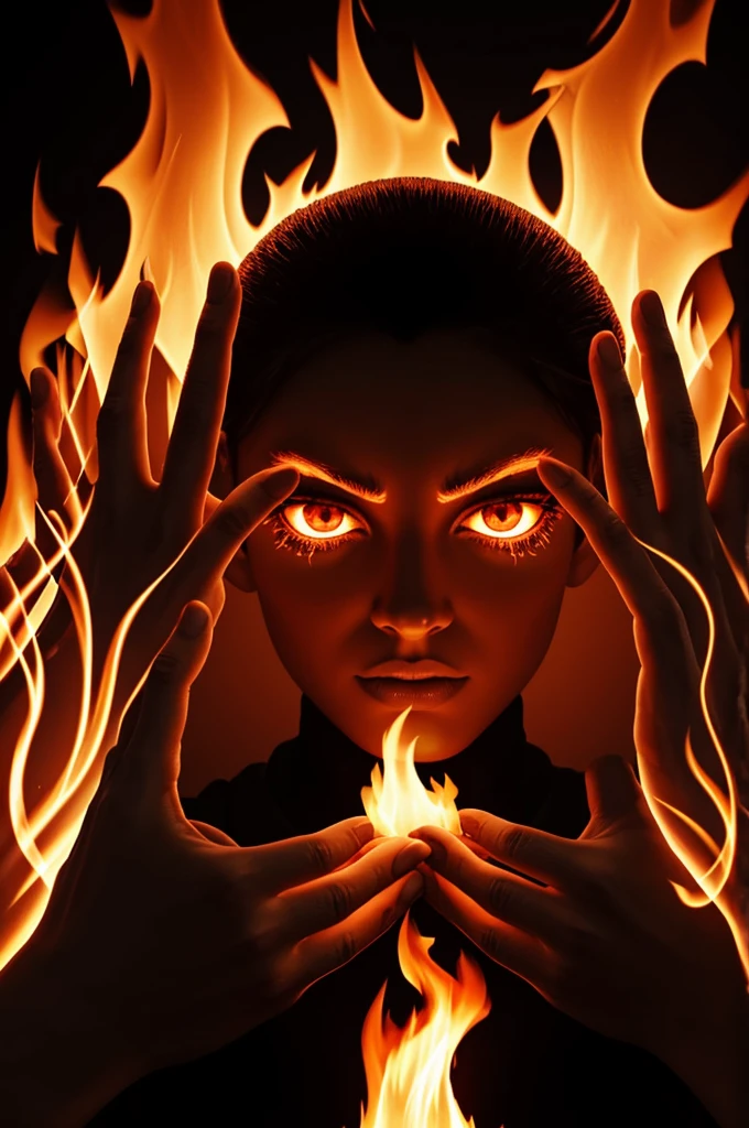 Create a digital artwork featuring a pair of cartoonish hands with flaming eyes in the center of the palms. The hands should be outlined boldly and set against a solid black background to emphasize the vibrant colors of the flames. The flames should be red and orange, giving a sense of intensity and energy, while the eyes within the flames add a mystical or supernatural element to the piece
