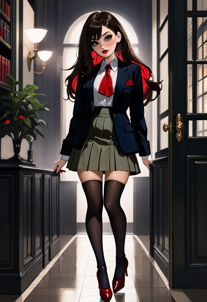 dark academia style, shirt tucked into short high-waisted skirt, stockings, dark academia blazer over shirt, Maryjane high heels, red lipstick, dark eyeshadow, beautiful brunette