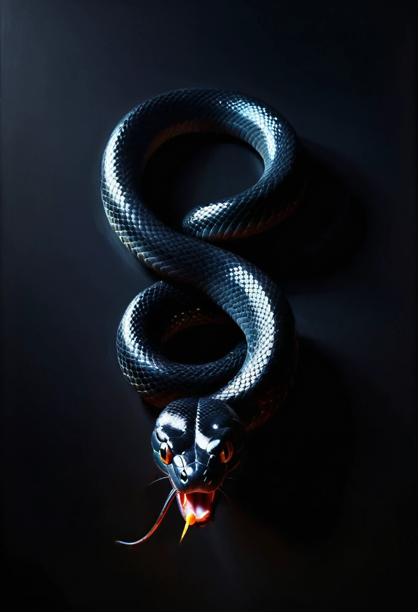 painting of a black dangerous poisonous snake crawls, sharp deep shadows, black background. Inspiration, cinematic scene, volumetric lights, ultra realistic, in the style of nicola samori