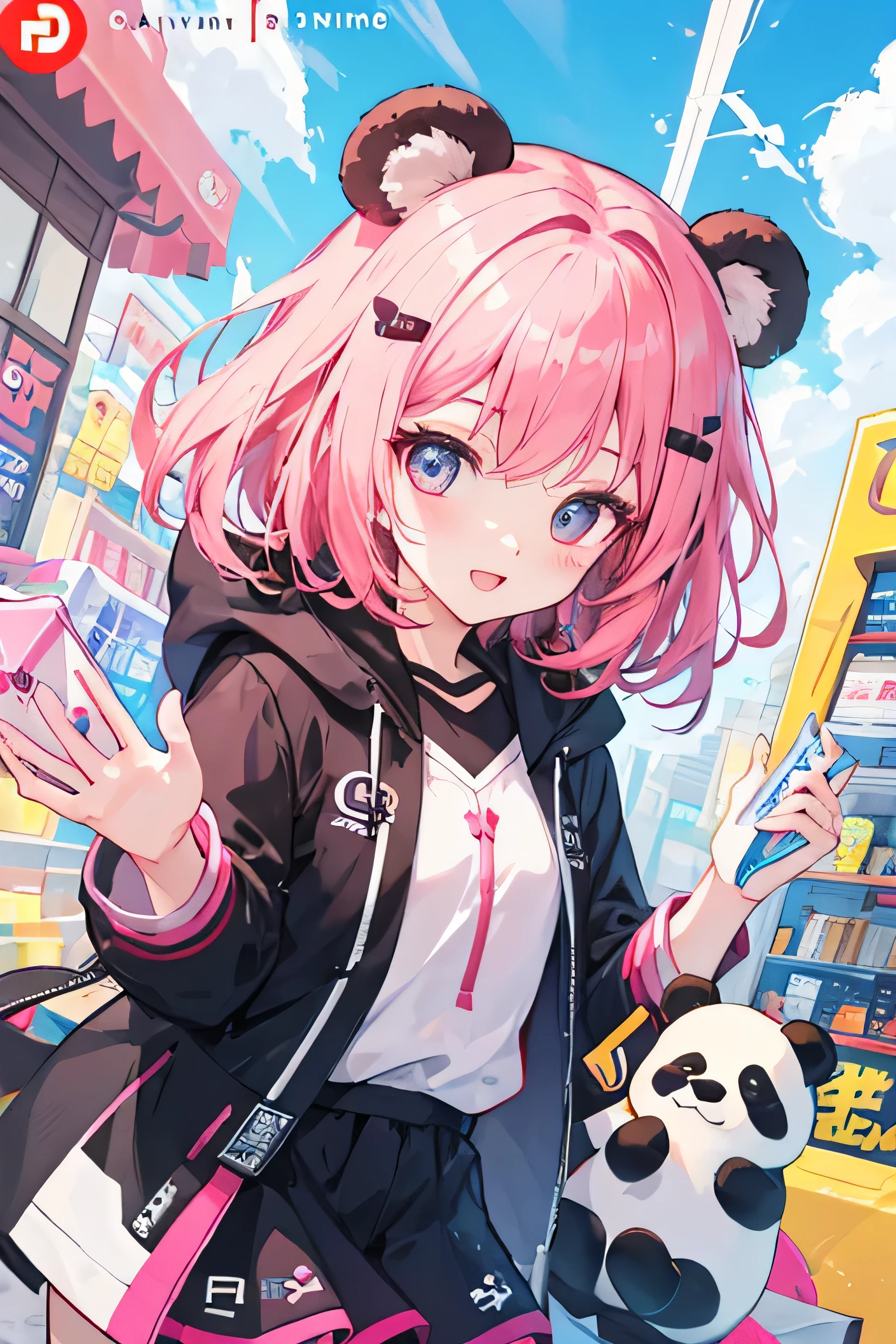 (masterpiece, best quality),  intricate details,
1girl,  <lora:Pippa:0.8> pippa, virtual youtuber, pink hair, hair ornament, rabbit ears, pink eyes, hoodie,