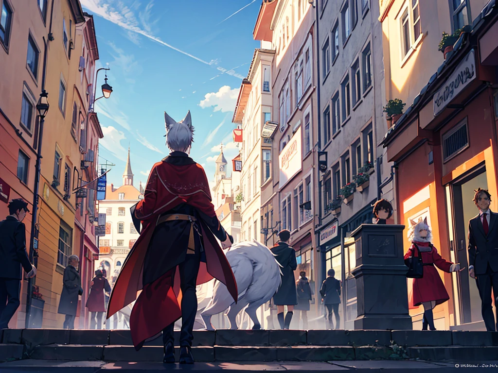 City with beast people, men and women with cat ears, wolf, fox, medieval city anime.