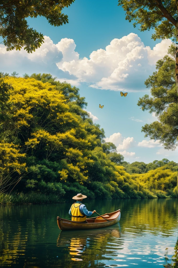 A realistic image of a fisherman paddling a canoe in profile, that is surrounded by yellow butterflies, that the sky is blue and that there are trees around 