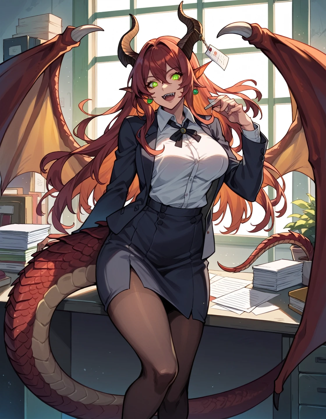 score_9, score_8_up, score_7_up, score_6_up, source_anime, masterpiece, detailed, refined, 1girl, mature female, fantasy, ,detailed background, (office), office attire, suit, red hair, long hair, red reptile glowing eyes, green eyes, dragon ears, dragon tail, dragon horns, dragon wings, fangs, smile, scales on face, takekawamasumi style