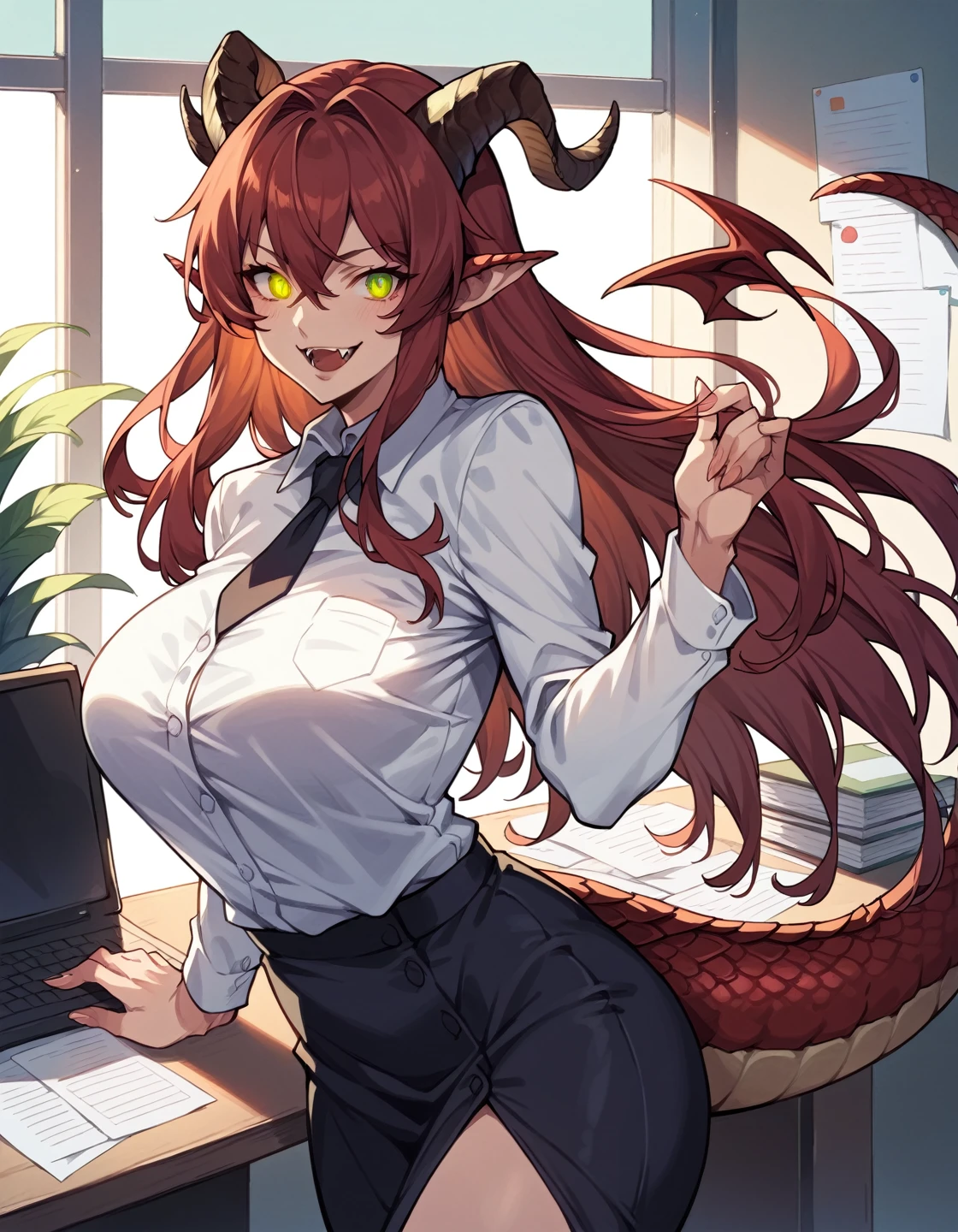 score_9, score_8_up, score_7_up, score_6_up, source_anime, masterpiece, detailed, refined, 1girl, mature female, fantasy, ,detailed background, (office), office attire, suit, red hair, long hair, red reptile glowing eyes, green eyes, dragon ears, dragon tail, dragon horns, dragon wings, fangs, smile, scales on face, takekawamasumi style