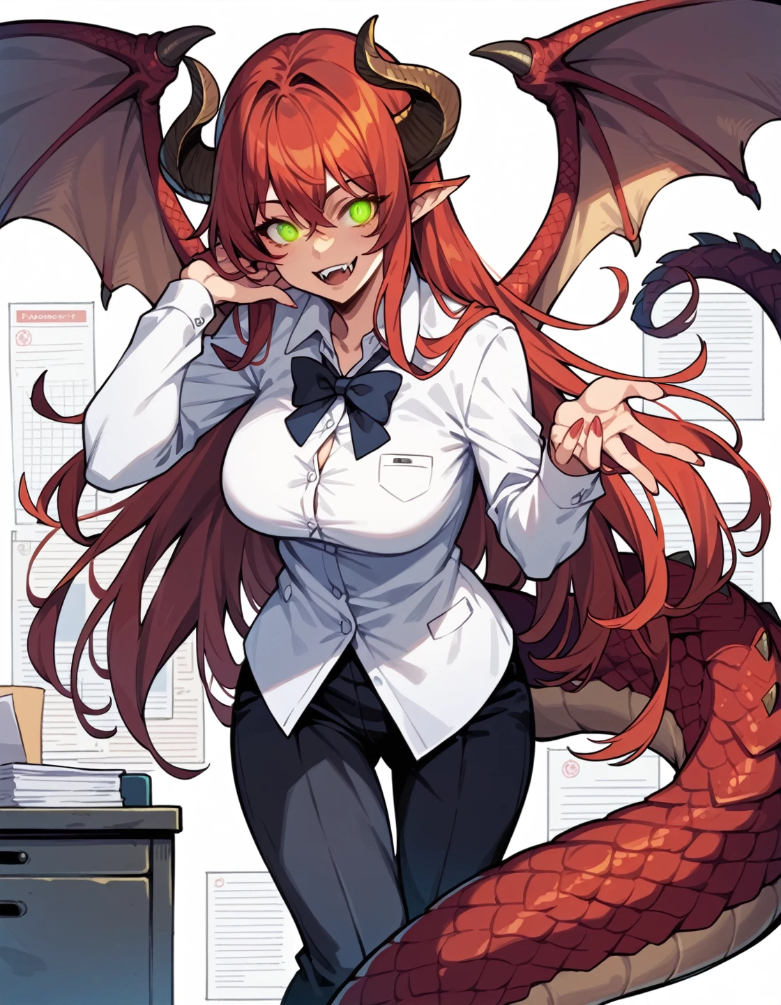 score_9, score_8_up, score_7_up, score_6_up, source_anime, masterpiece, detailed, refined, 1girl, mature female, fantasy, ,detailed background, (office), office attire, suit, red hair, long hair, red reptile glowing eyes, green eyes, dragon ears, dragon tail, dragon horns, dragon wings, fangs, smile, scales on face, takekawamasumi style