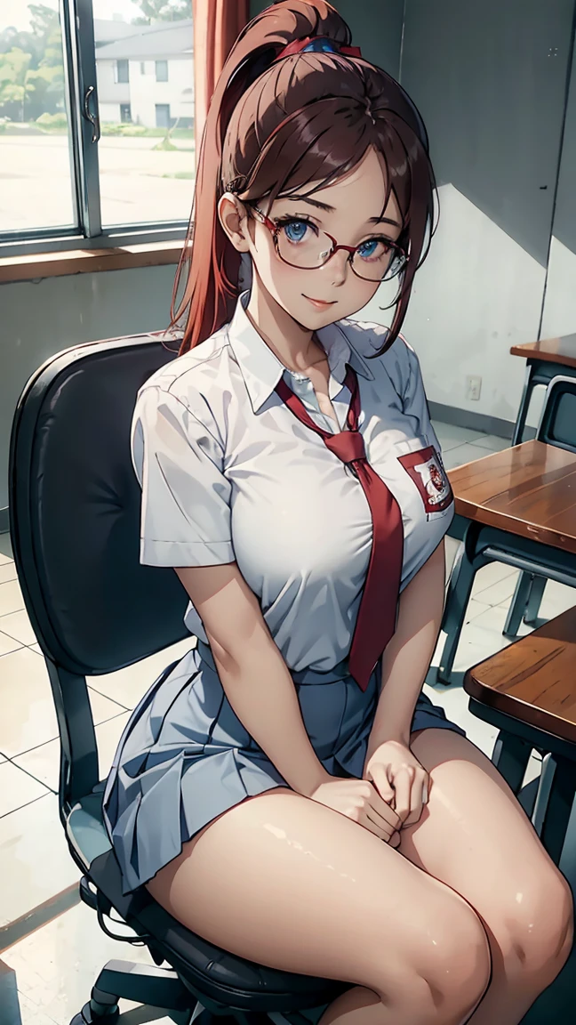 1 woman, 27 years old, red ponytail, plump body, blue eyes, Indonesian high-school uniform, wearing glasses, white shirt, osis logo on shirt pocket, natural big breasts, light-grey pleated skirt, squat pose, full body shot, smiling, in the classroom. Spreading legs wide open, sitting in chair, spreading legs wide open , Cleavage, unbuttoned short,(sitting in other way chair, )