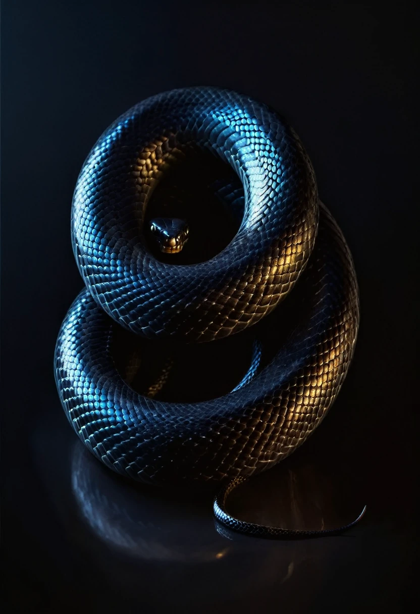 painting of a black dangerous poisonous snake crawls, sharp deep shadows, black background. Inspiration, cinematic scene, volumetric lights, ultra realistic, in the style of nicola samori