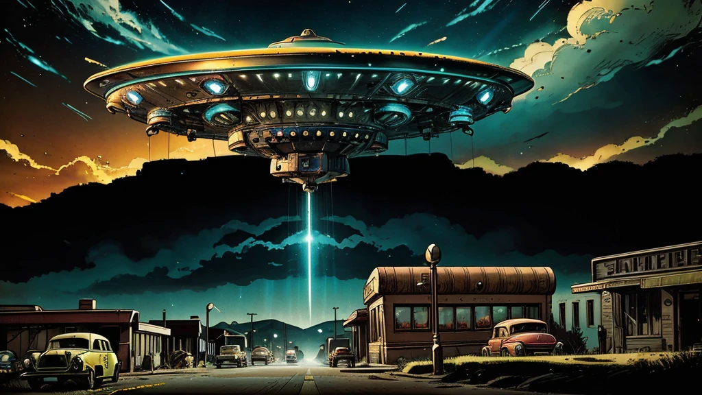 a ufo sighting in 1950s small town, UFO, flying saucer, ufo sighting, popping colors, contrast, detailed realistic cinematic scene, cinematic lighting, dramatic sky with clouds, abandoned vintage car, old-fashioned buildings, neon signs, 1950s era atmosphere, vibrant colors, hyper-realistic, 8k, ultra-detailed