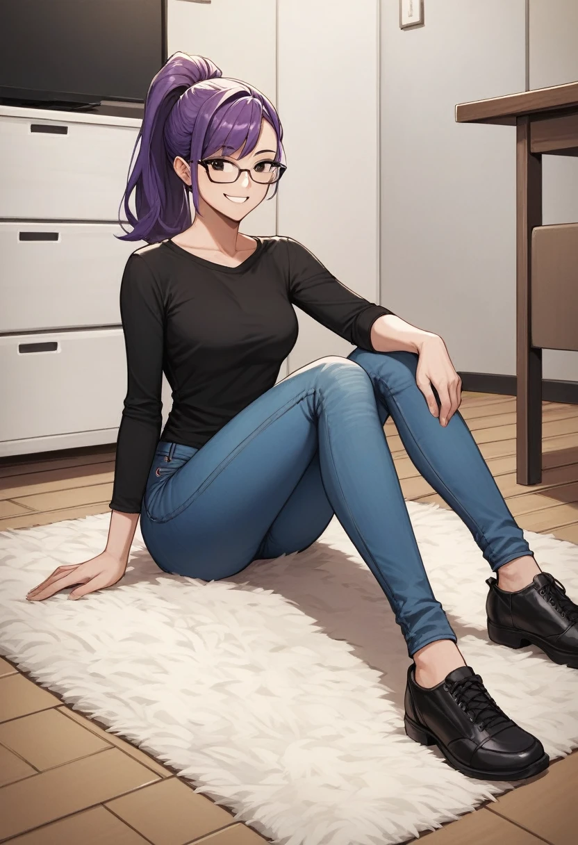score_9, score_8_up, score_7_up, score_6_up, score_5_up, score_4_up, source_anime, 1girl, sit, smile, glasses, purple hair, ponytail, black eyes, clean hair, black shirt, jeans, black shoes, platforms, room, floor, carpet, best quality, best res, 4K UHD,
 