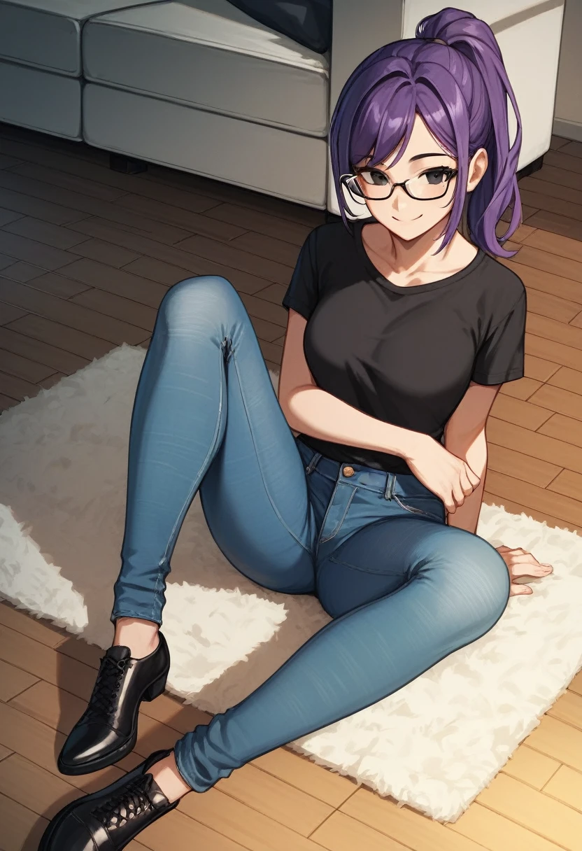 score_9, score_8_up, score_7_up, score_6_up, score_5_up, score_4_up, source_anime, 1girl, sit, smile, glasses, purple hair, ponytail, black eyes, clean hair, black shirt, jeans, black shoes, platforms, room, floor, carpet, best quality, best res, 4K UHD,
 