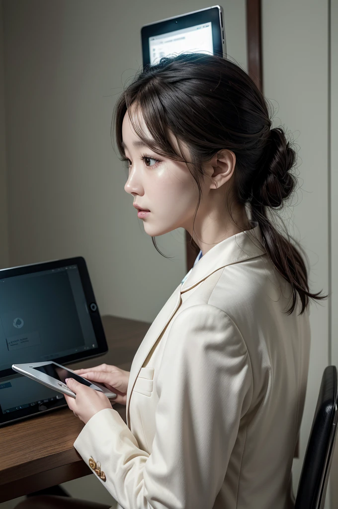 woman in a suit using a tablet in a room, working, sun yunjoo, still from a live action film, Park Shin Hye como um supervilão, full device, using a magic tablet, iu lee ji-eun as a supervillain, profile posing, [ photo realist ]!!, Shin Min Jeong, serious business, lazy, elegant appearance
