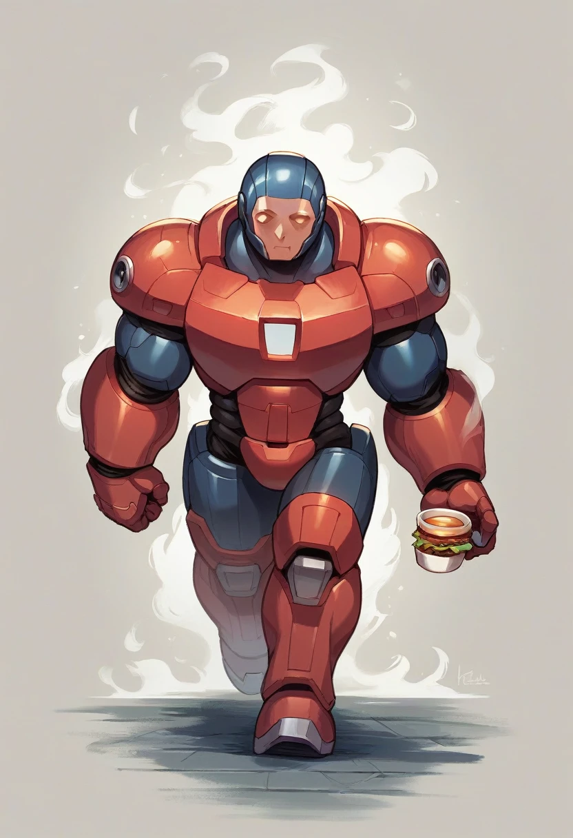Create an image depicting Iron Man in his iconic red and gold suit. He is walking inside a large spoon, which serves as his path. Iron Man is simultaneously eating a burger with one hand and holding a cup of tea in the other. Ensure the background shows a casual or whimsical setting that complements the unusual scene. Pay attention to the details of Iron Man’s suit, the texture of the burger, and the steam rising from the tea. The image should be colorful and dynamic, capturing the playful and surreal nature of the scenario.