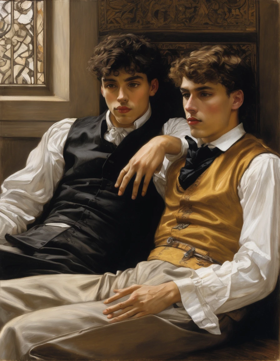 ((Masterpiece, best quality, oil painting, male focus)), ((by James Tissot, J. C. Leyendecker)), (((the half body reclined portrait of 2 young male sorcerer apprentices, they are lovers staring each other, tense, bored and frustrated, blushing, sullen)))