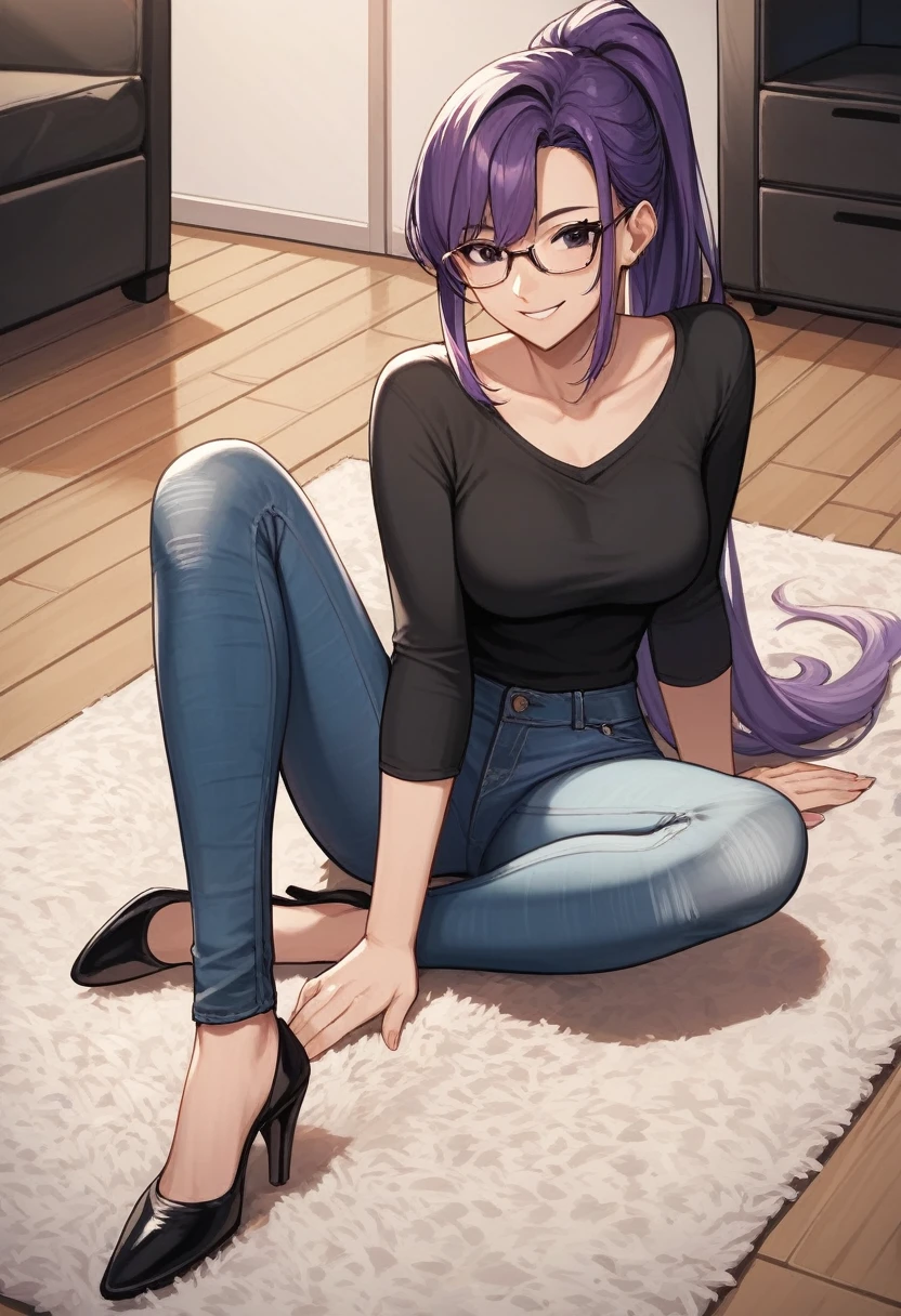 score_9, score_8_up, score_7_up, score_6_up, score_5_up, score_4_up, source_anime, 1girl, sit, smile, glasses, purple hair, ponytail, black eyes, clean hair, black shirt, jeans, black shoes, heels, room, floor, carpet, best quality, best res, 4K UHD,
