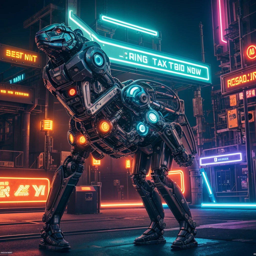 a futuristic zoo with robotic animals, sarcastic and humorous tone, (best quality,4k,8k,highres,masterpiece:1.2),ultra-detailed,(realistic,photorealistic,photo-realistic:1.37),extremely detailed and intricate, vibrant colors, dynamic composition, whimsical and imaginative, surreal elements, advanced technology, cyborg animals, humorous and ironic, satirical commentary, surreal landscapes, industrial and mechanical aesthetics, neon lights, dynamic camera angle