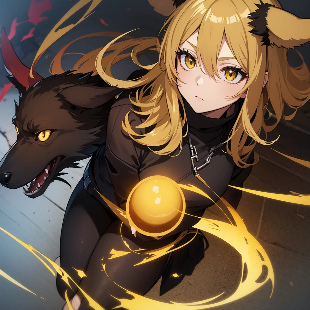 Anime female woth brown and yellow hair and a black outfit ith yellow eyes that is a hell hound
