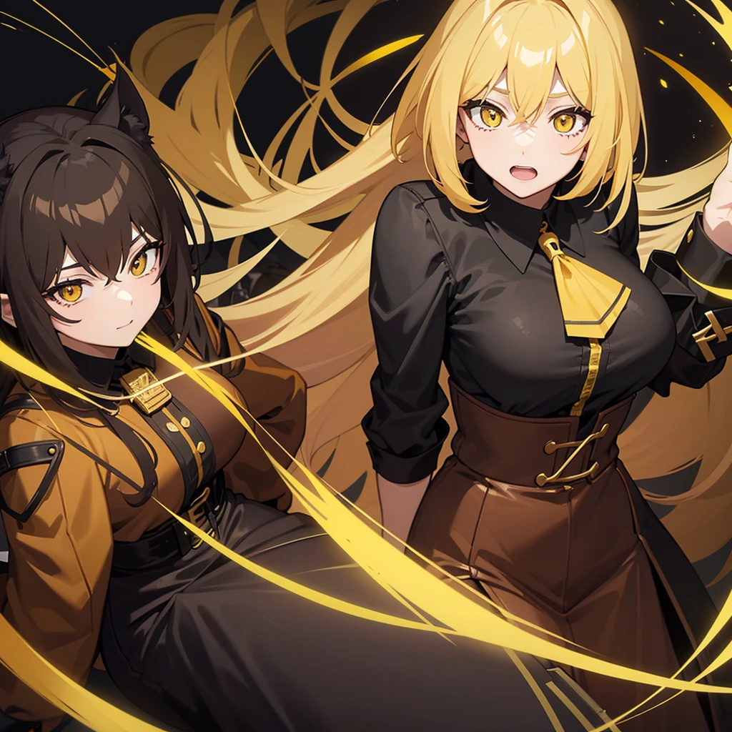 Anime female woth brown and yellow hair and a black outfit ith yellow eyes that is a hell hound