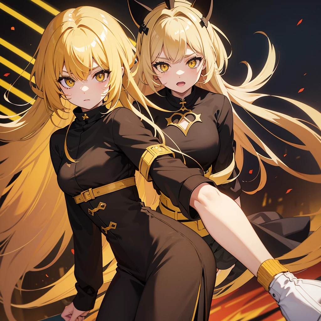 Anime female woth brown and yellow hair and a black outfit ith yellow eyes that is a hell hound