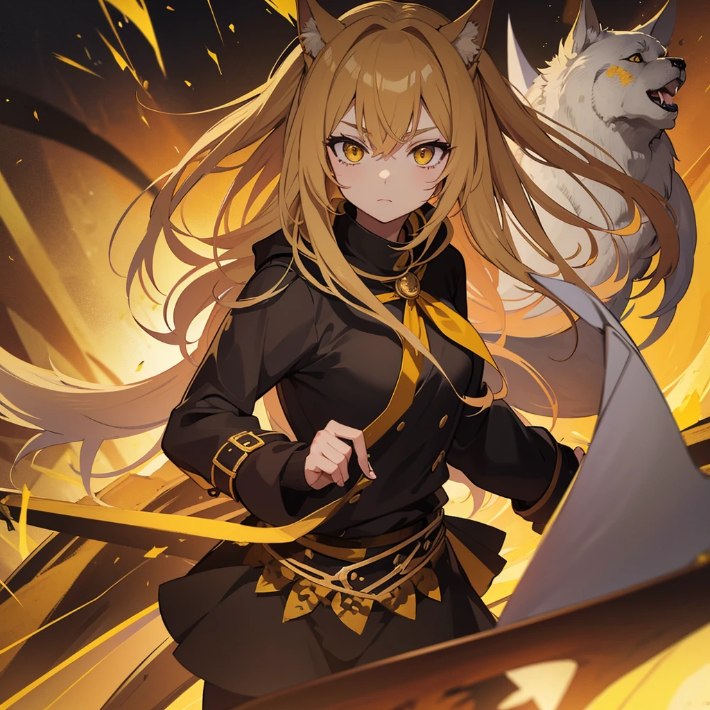Anime female woth brown and yellow hair and a black outfit ith yellow eyes that is a hell hound